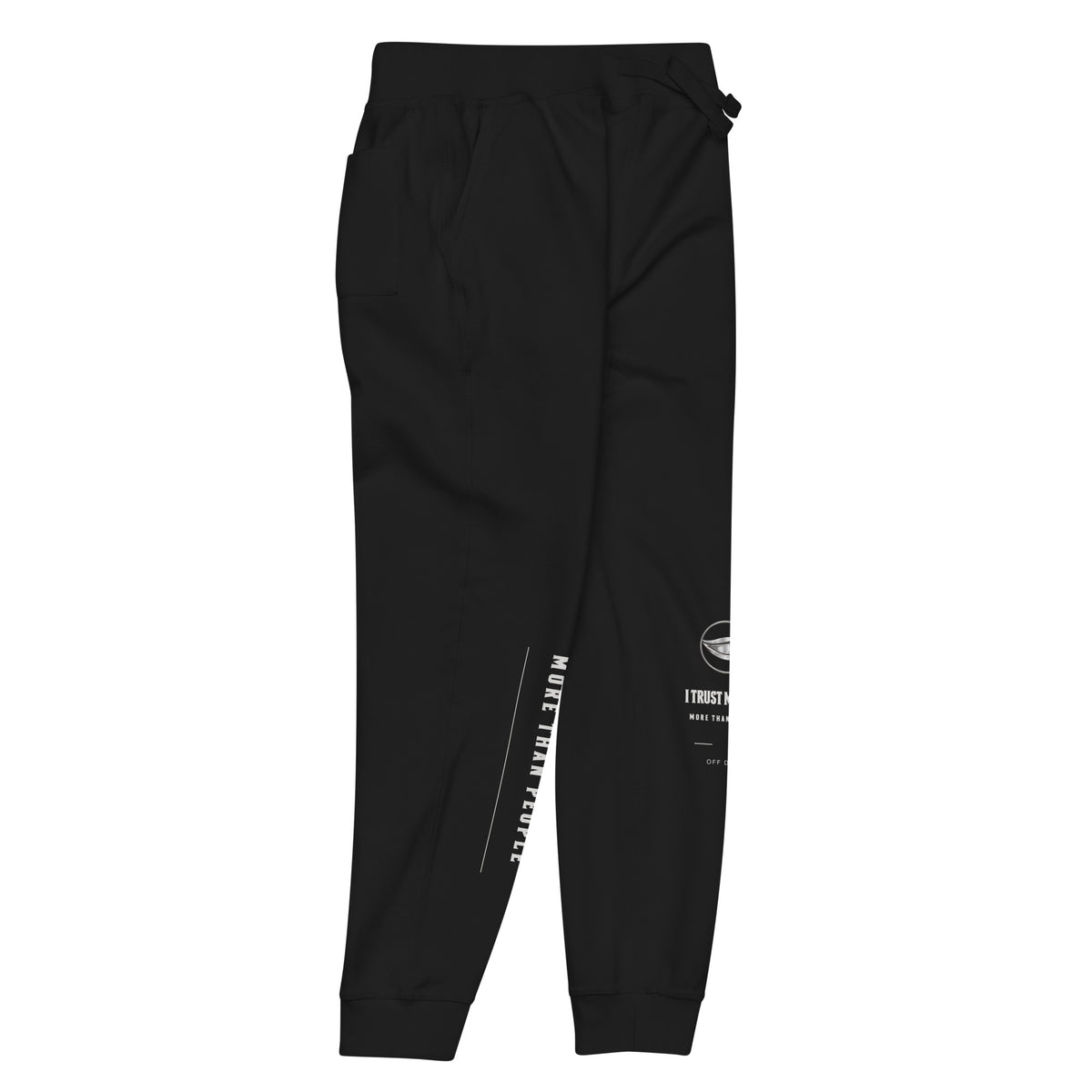 Black I Trust My Pet™ Off Duty fleece joggers, right leg detail showing the contrasting printed leg design on tapered fleece pants
