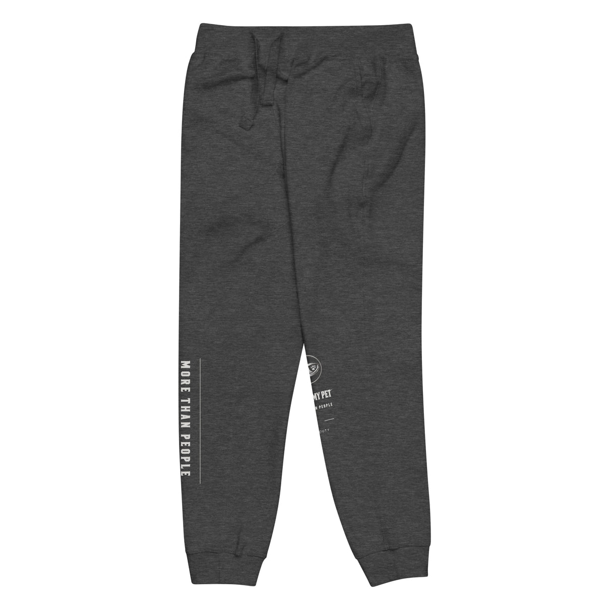 Charcoal Heather I Trust My Pet™ Off Duty fleece joggers, left leg detail showing the contrasting printed leg design on tapered fleece pants