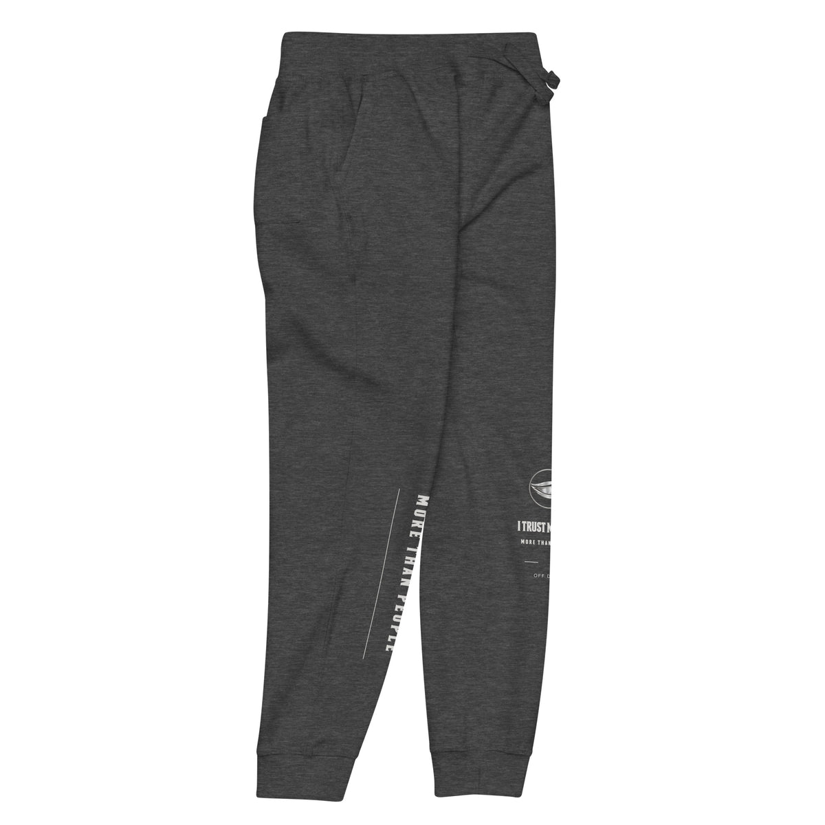Charcoal Heather I Trust My Pet™ Off Duty fleece joggers, right leg detail showing the contrasting printed leg design on tapered fleece pants
