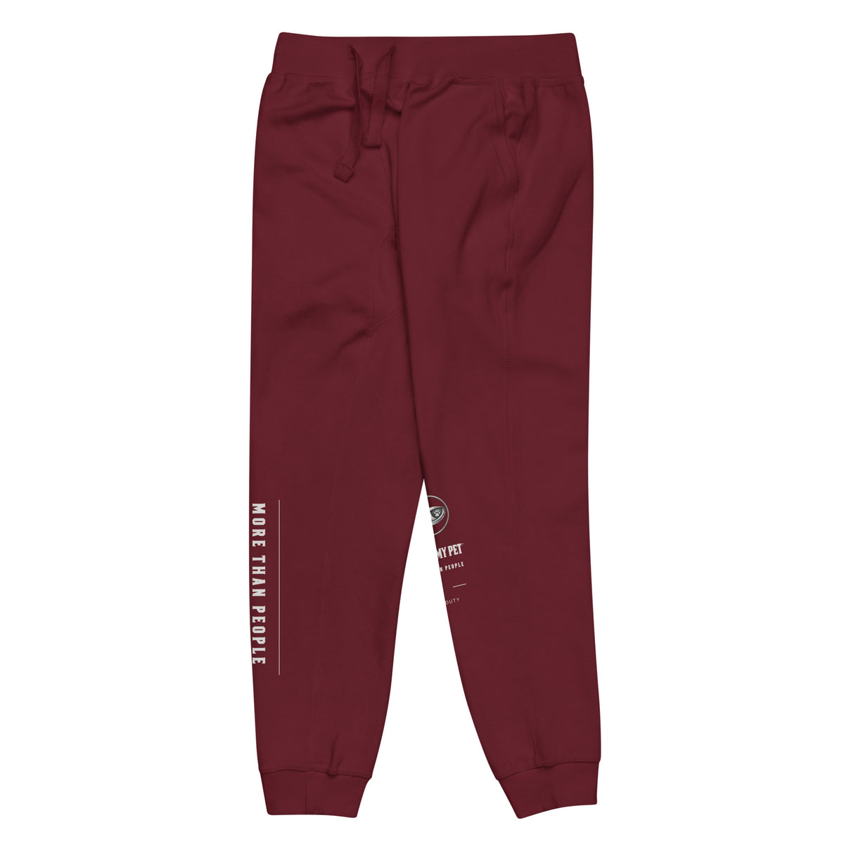 Maroon I Trust My Pet™ Off Duty fleece joggers, left leg detail showing the contrasting printed leg design on tapered fleece pants