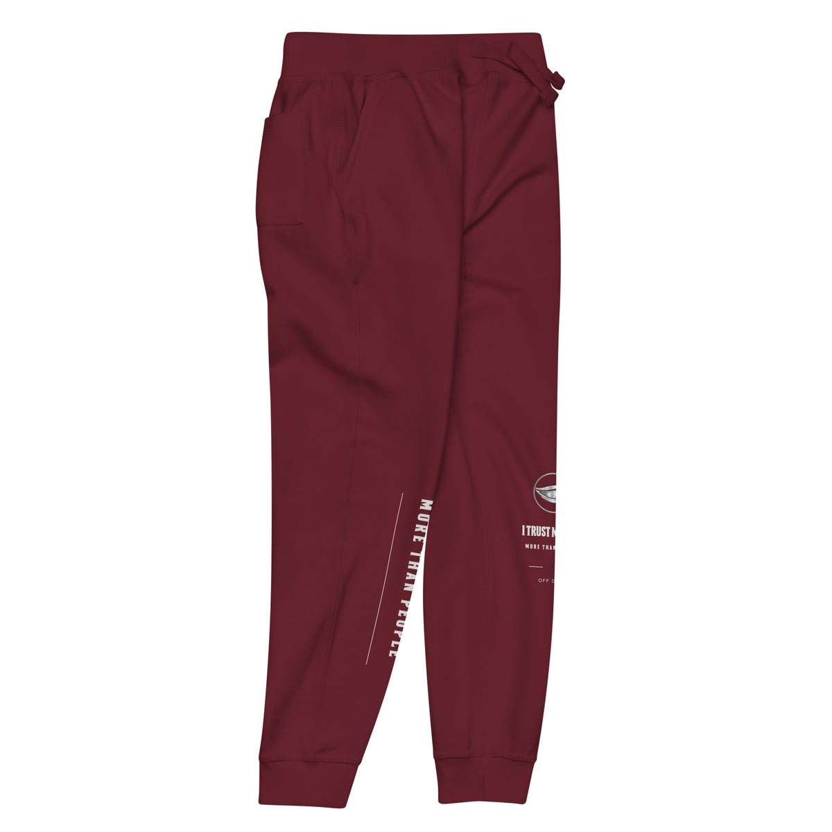 Maroon I Trust My Pet™ Off Duty fleece joggers, right leg detail showing the contrasting printed leg design on tapered fleece pants