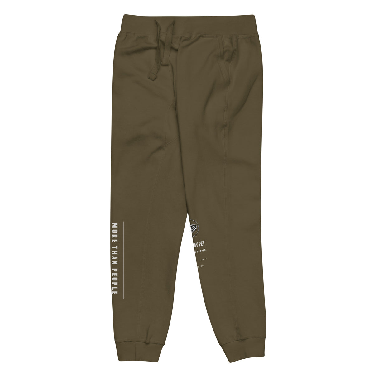 Military Green I Trust My Pet™ Off Duty fleece joggers, left leg detail showing the contrasting printed leg design on tapered fleece pants