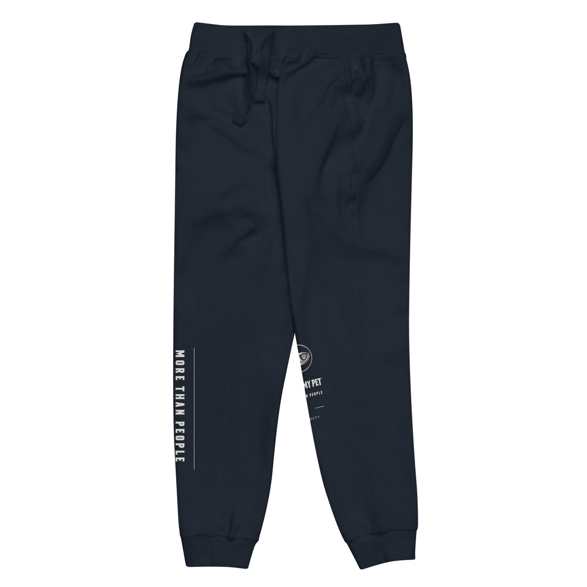 Navy Blazer I Trust My Pet™ Off Duty fleece joggers, left leg detail showing the contrasting printed leg design on tapered fleece pants