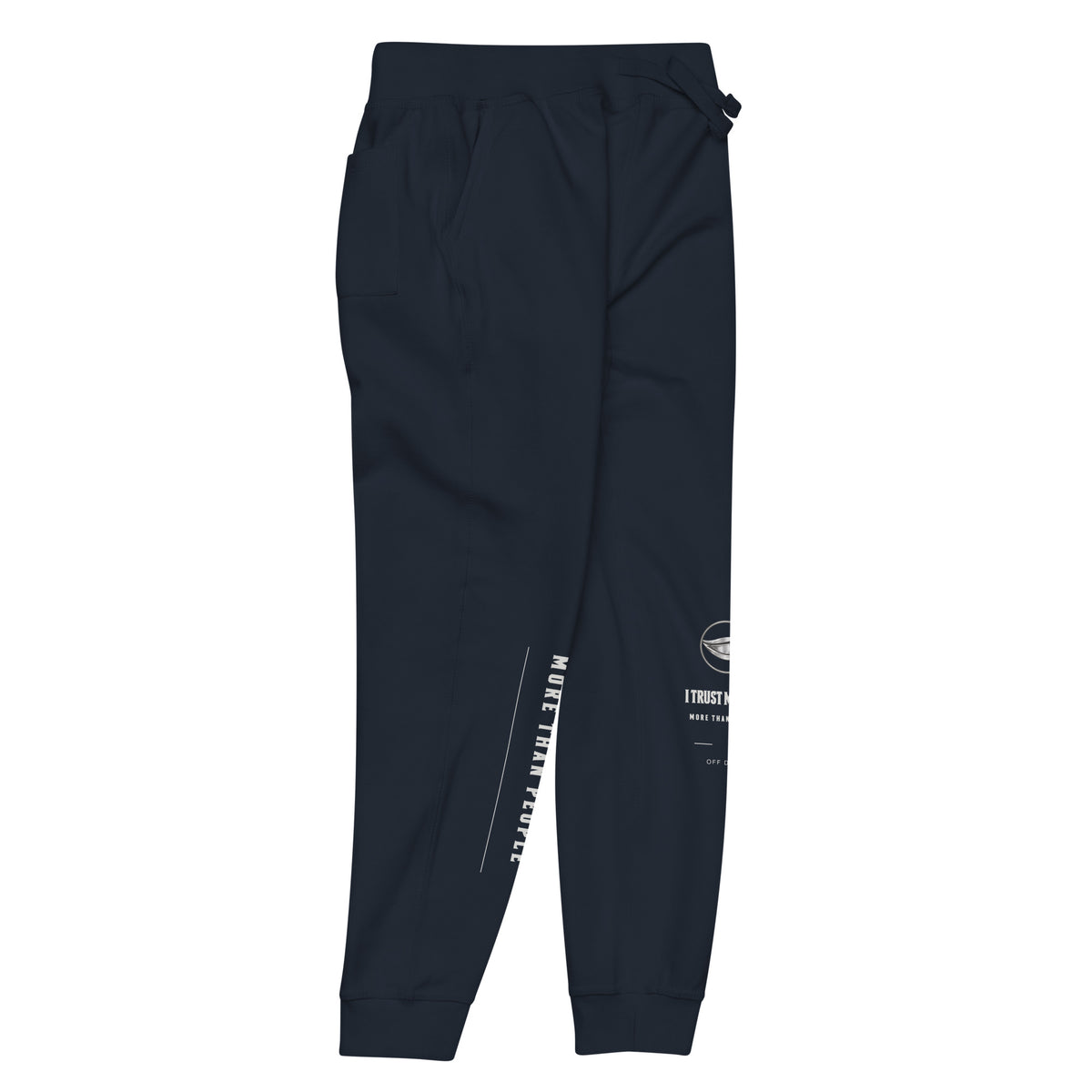 Navy Blazer I Trust My Pet™ Off Duty fleece joggers, right leg detail showing the contrasting printed leg design on tapered fleece pants