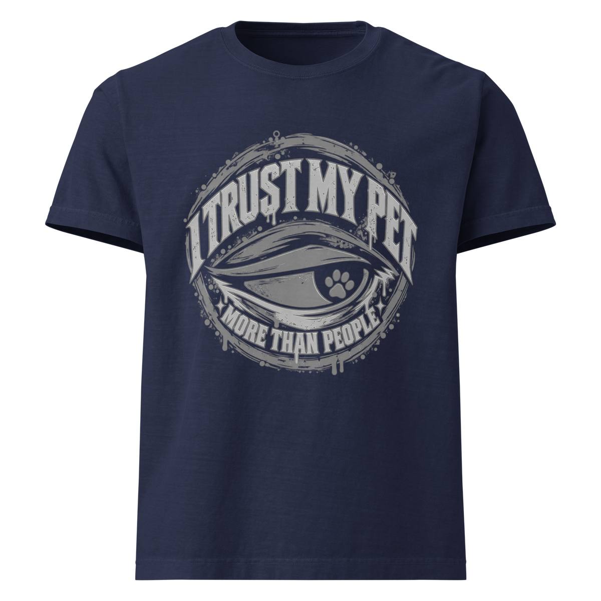 I Trust My Pet™ More Than People Oversized T-Shirt — Gray Logo in Navy, front view