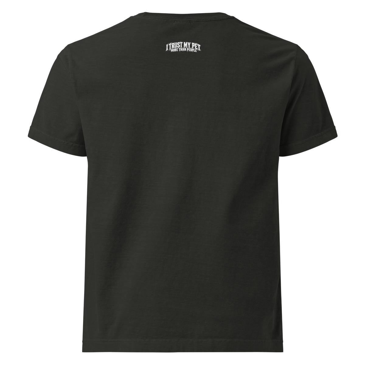 I Trust My Pet™ More Than People Oversized T-Shirt — Gray Logo in Washed Black, back view