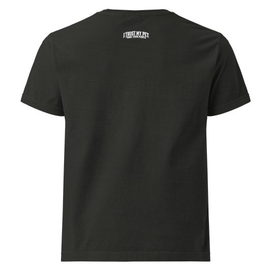 I Trust My Pet™ More Than People Oversized T-Shirt — Gray Logo in Washed Black, back view