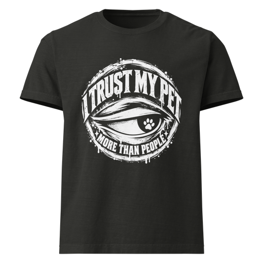 I Trust My Pet™ More Than People garment-dyed T-shirt in Washed Black, front view with eye emblem