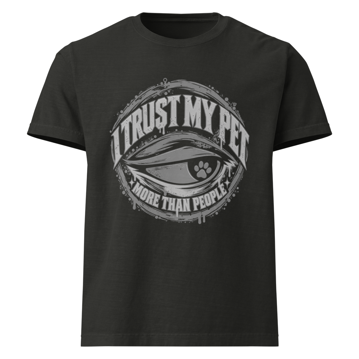 I Trust My Pet™ More Than People Oversized T-Shirt — Gray Logo in Washed Black, front view
