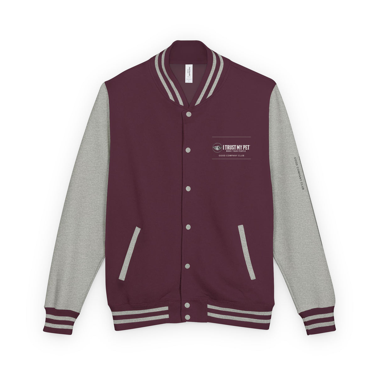 I Trust My Pet™ Good Company Club varsity jacket in Burgundy/Heather Grey, front view with full chest logo and contrasting sleeves
