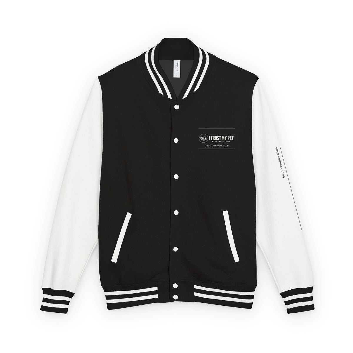 I Trust My Pet™ Good Company Club varsity jacket in Jet Black/Arctic White, front view with full chest logo and contrasting sleeves