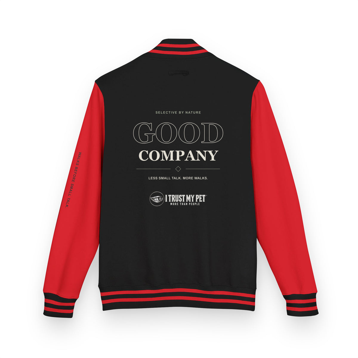 I Trust My Pet™ Good Company Club varsity jacket in Jet Black/Fire Red, back view with GOOD COMPANY lettering and the full brand logo