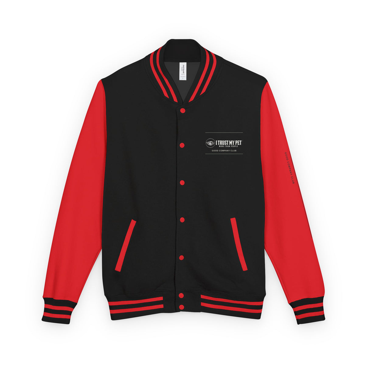 I Trust My Pet™ Good Company Club varsity jacket in Jet Black/Fire Red, front view with full chest logo and contrasting sleeves