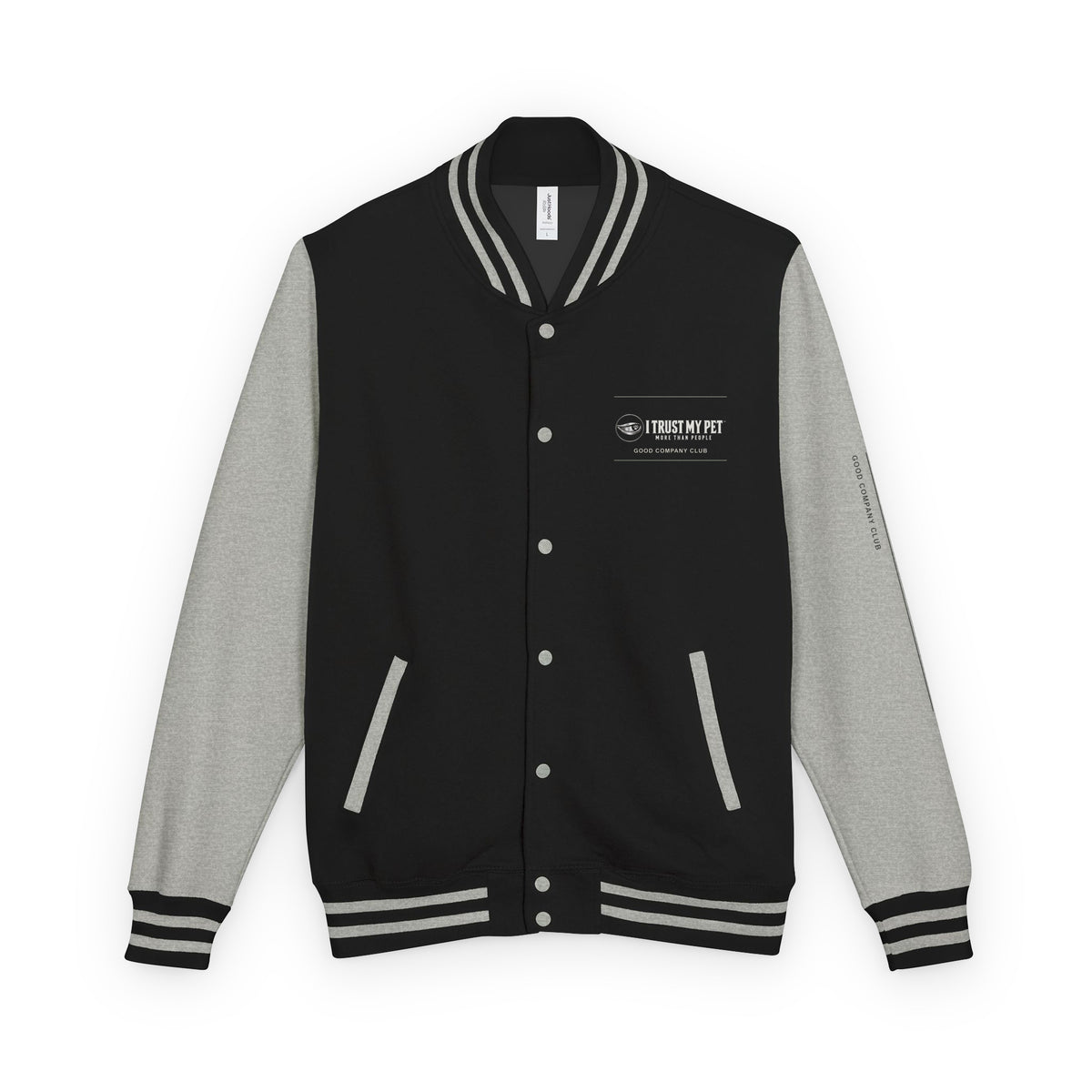 I Trust My Pet™ Good Company Club varsity jacket in Jet Black/Heather Grey, front view with full chest logo and contrasting sleeves