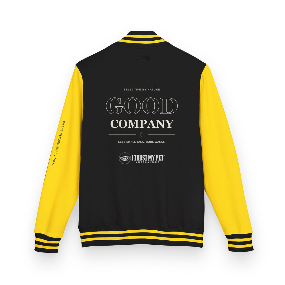 I Trust My Pet™ Good Company Club varsity jacket in Jet Black/Sun Yellow, back view with GOOD COMPANY lettering and the full brand logo