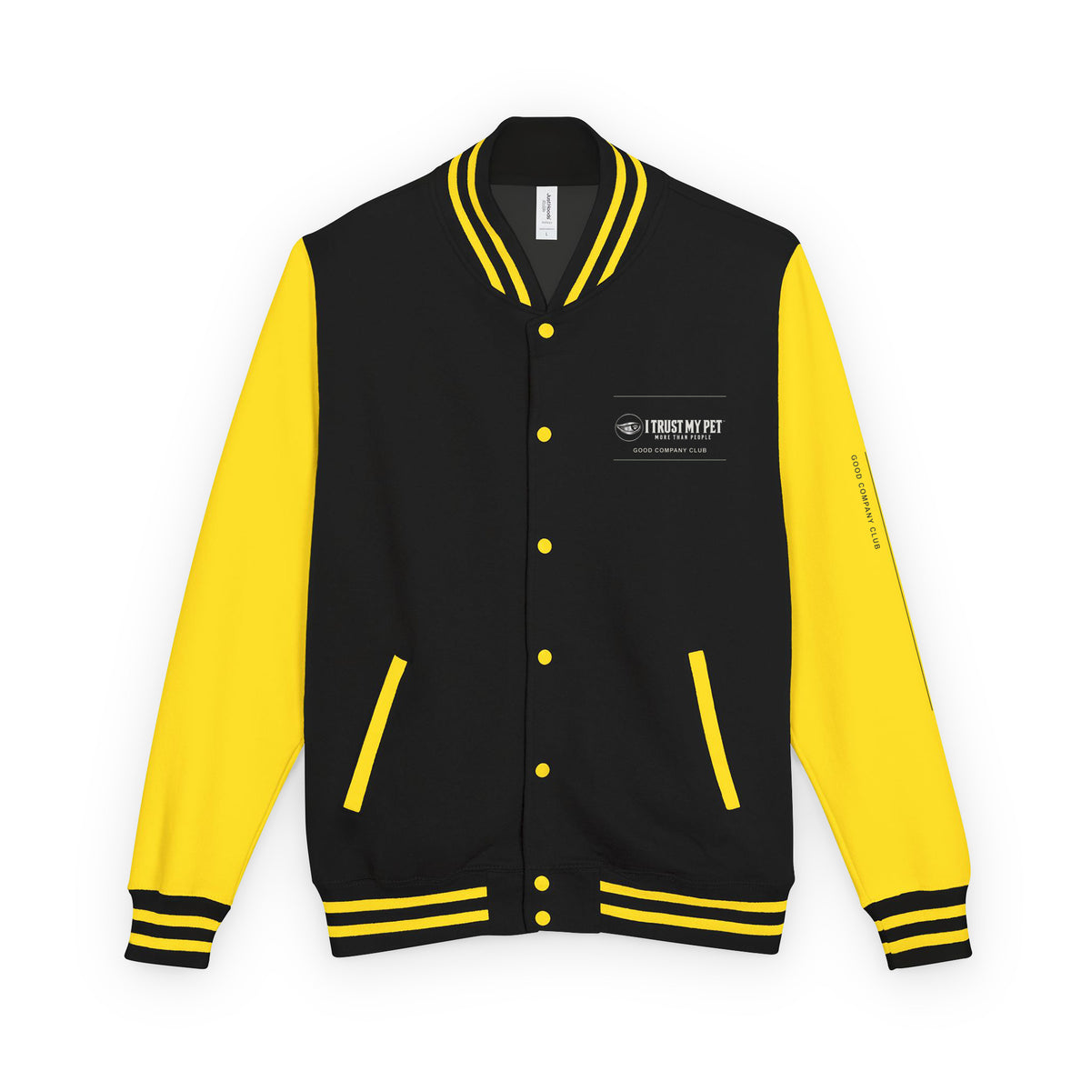 I Trust My Pet™ Good Company Club varsity jacket in Jet Black/Sun Yellow, front view with full chest logo and contrasting sleeves