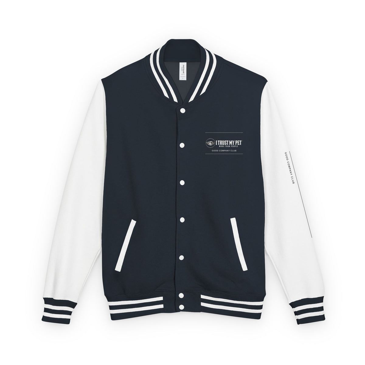 I Trust My Pet™ Good Company Club varsity jacket in Oxford Navy/Arctic White, front view with full chest logo and contrasting sleeves