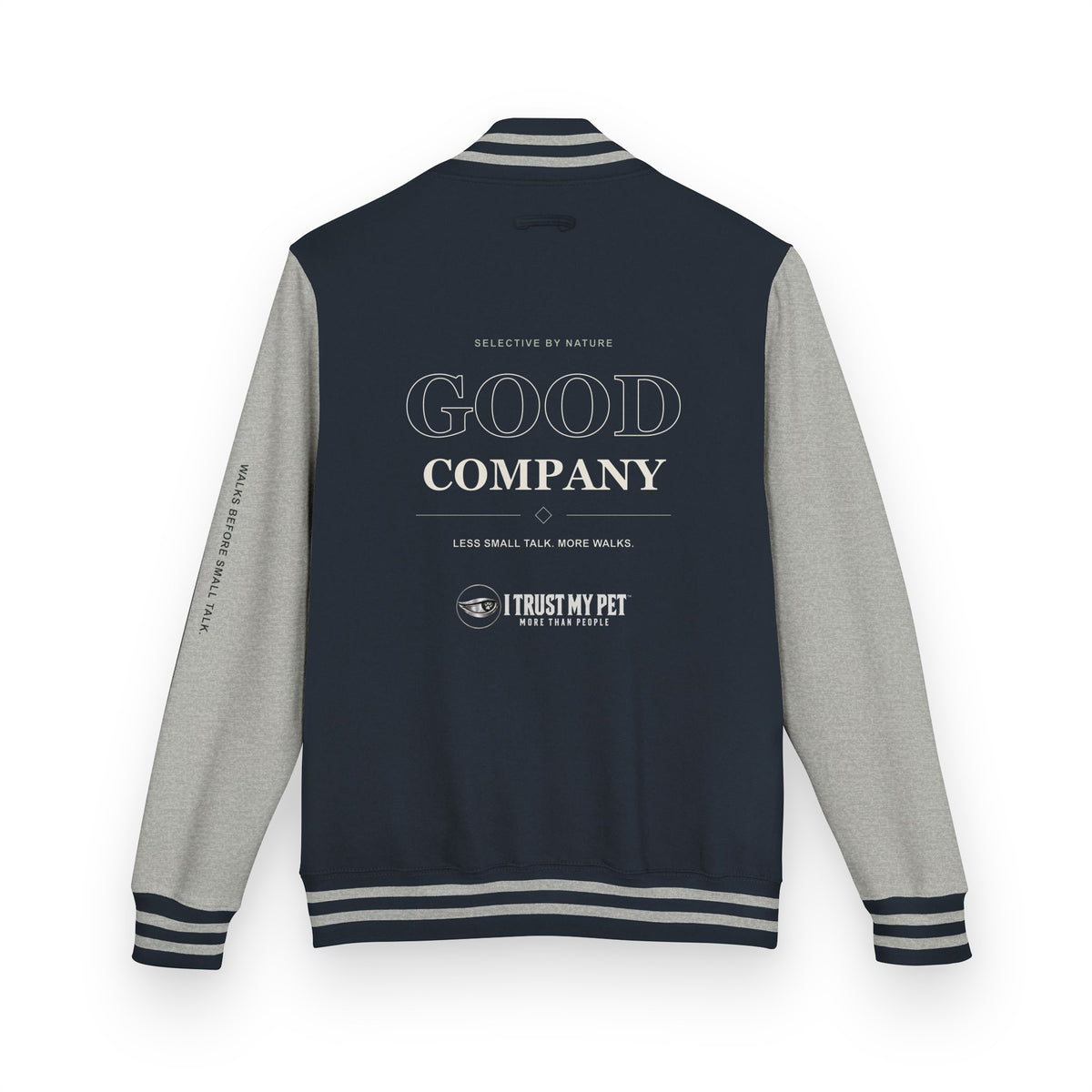 I Trust My Pet™ Good Company Club varsity jacket in Oxford Navy/Heather Grey, back view with GOOD COMPANY lettering and the full brand logo
