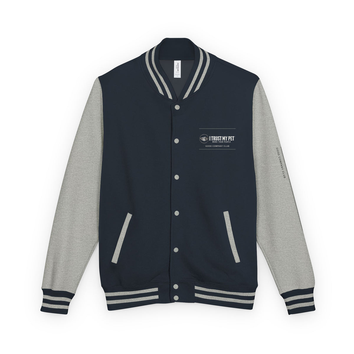 I Trust My Pet™ Good Company Club varsity jacket in Oxford Navy/Heather Grey, front view with full chest logo and contrasting sleeves
