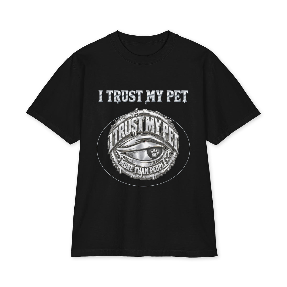 I Trust My Pet™ Chrome Signature Oversized Heavyweight T-Shirt in Black, front view