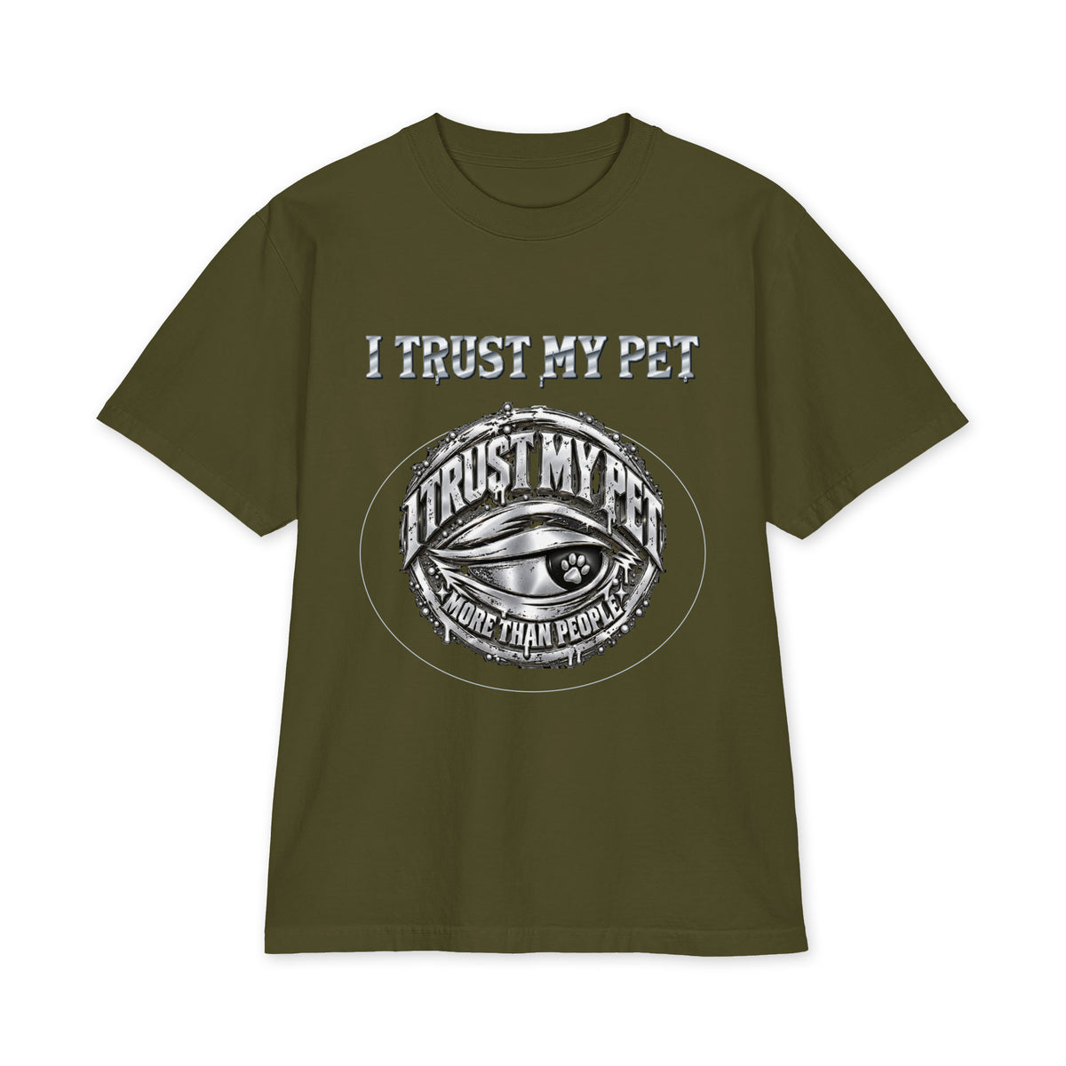 I Trust My Pet™ Chrome Signature Oversized Heavyweight T-Shirt in Olive, front view