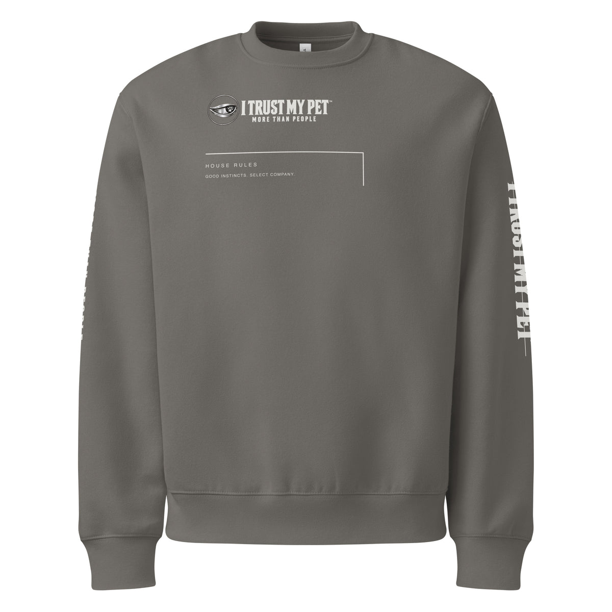 I Trust My Pet™ House Rules oversized heavyweight crewneck in asphalt, front signature and architectural line graphic.