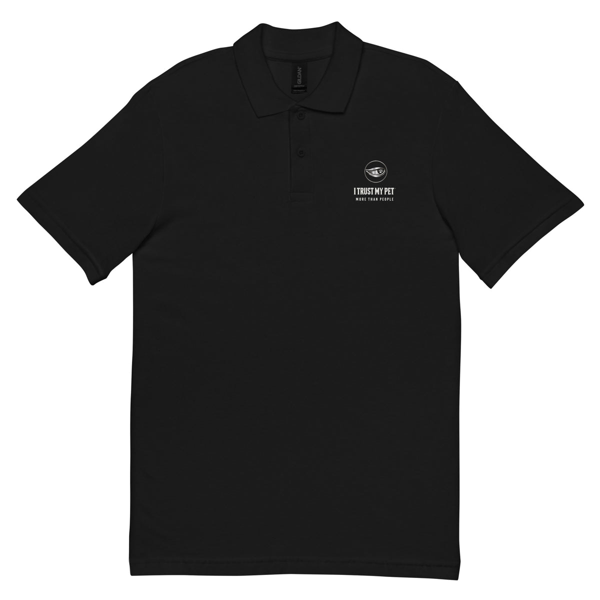 Black I Trust My Pet™ First Impression cotton pique polo, front flat lay with eye-and-paw chest logo and More than people lettering