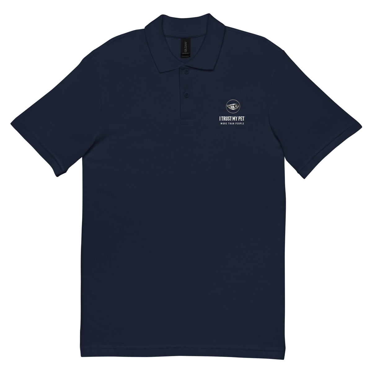 Navy I Trust My Pet™ First Impression cotton pique polo, front flat lay showing the complete chest logo, classic collar and matching buttons