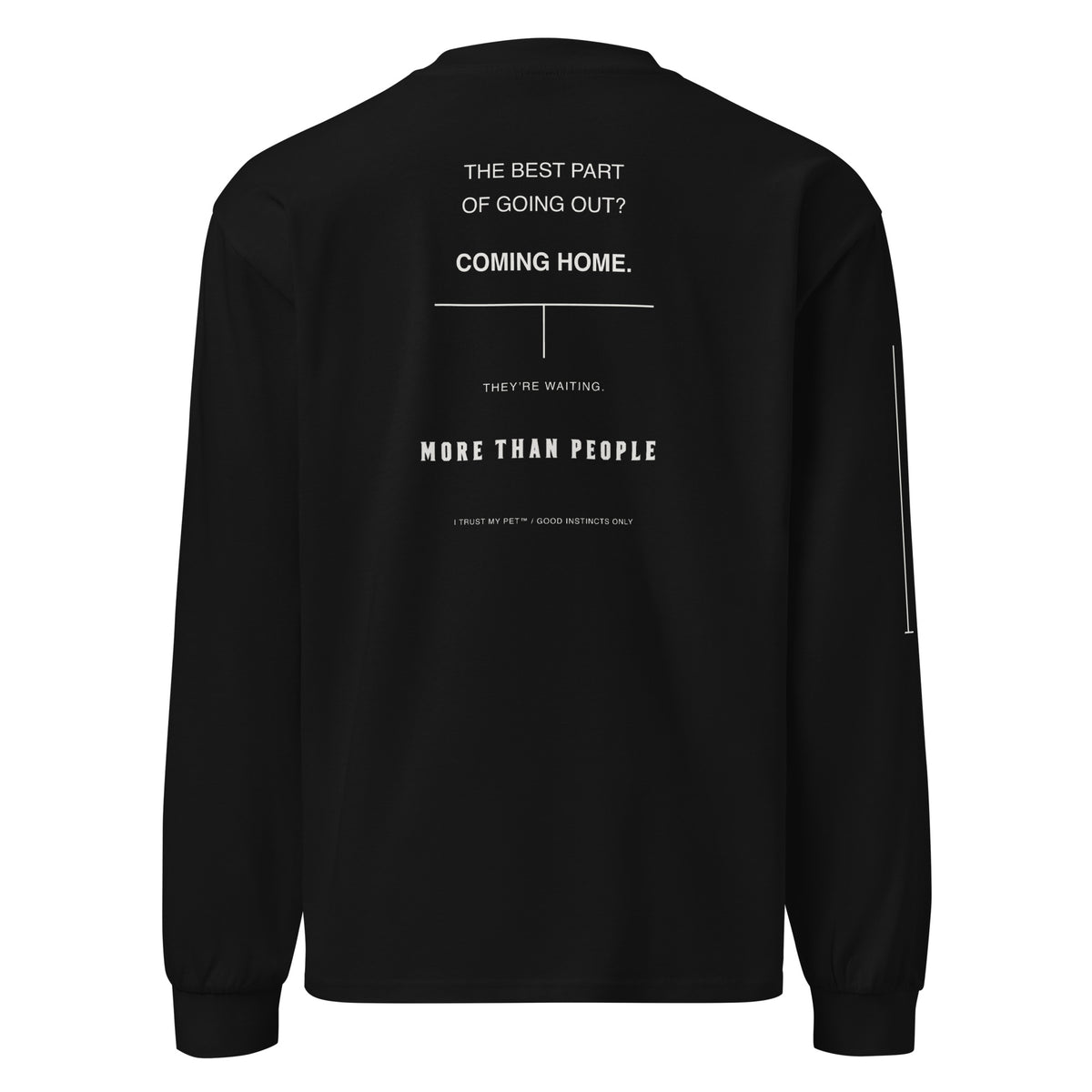 I Trust My Pet™ After Walk heavyweight cotton long sleeve in black, back view with Coming Home typography and More than people lettering.
