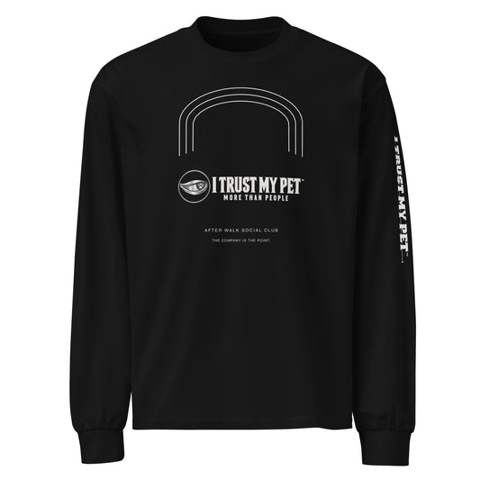 I Trust My Pet™ After Walk heavyweight cotton long sleeve in black, front view with complete logo and architectural arches.