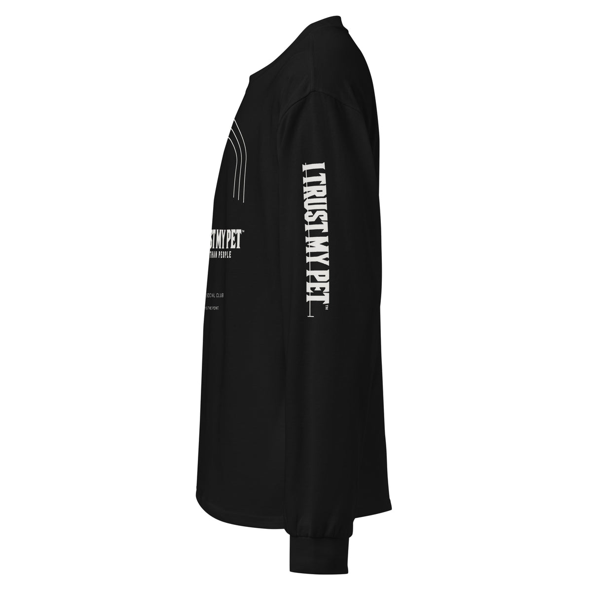I Trust My Pet™ After Walk heavyweight cotton long sleeve in black, left sleeve signature detail.