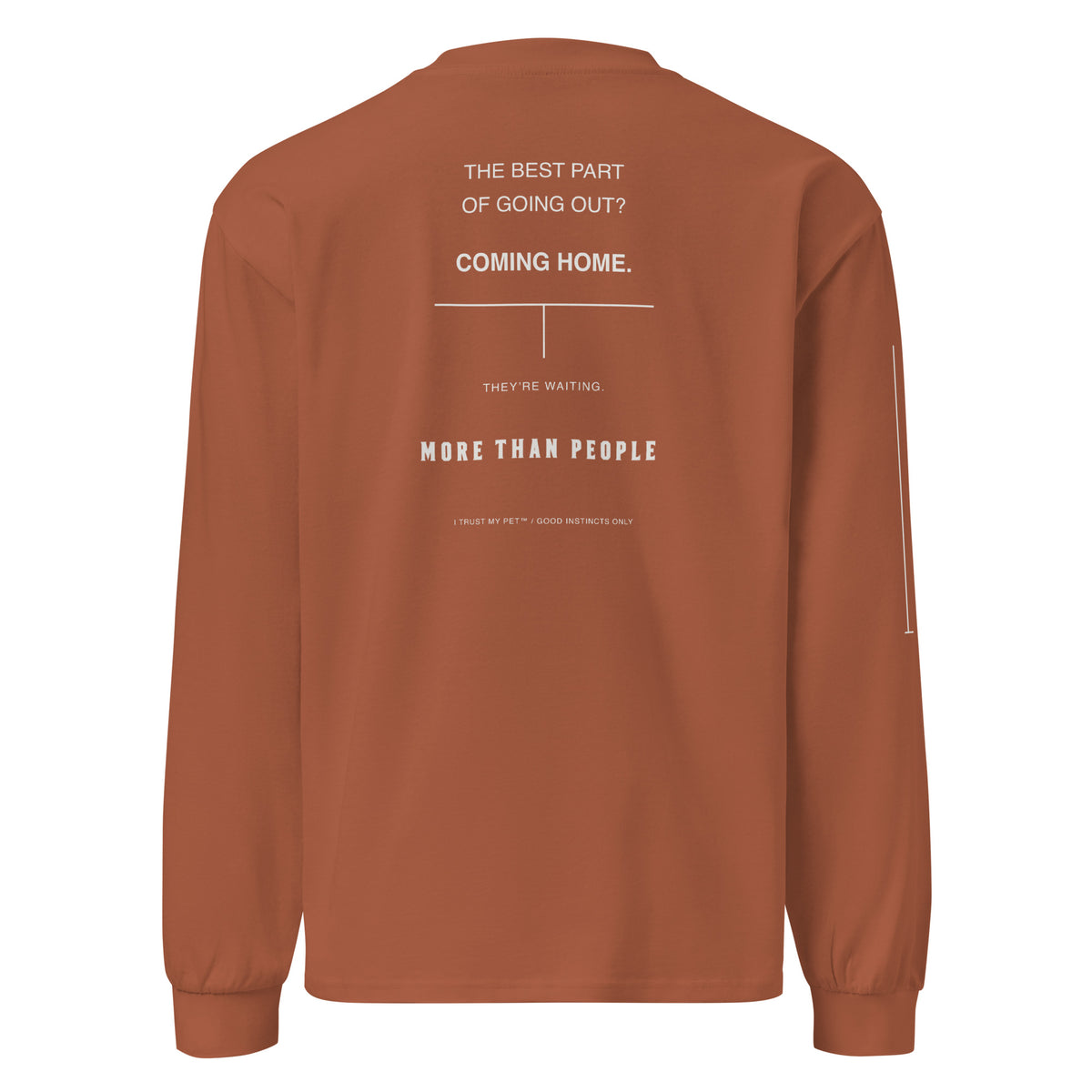 I Trust My Pet™ After Walk heavyweight cotton long sleeve in clay, back view with Coming Home typography and More than people lettering.