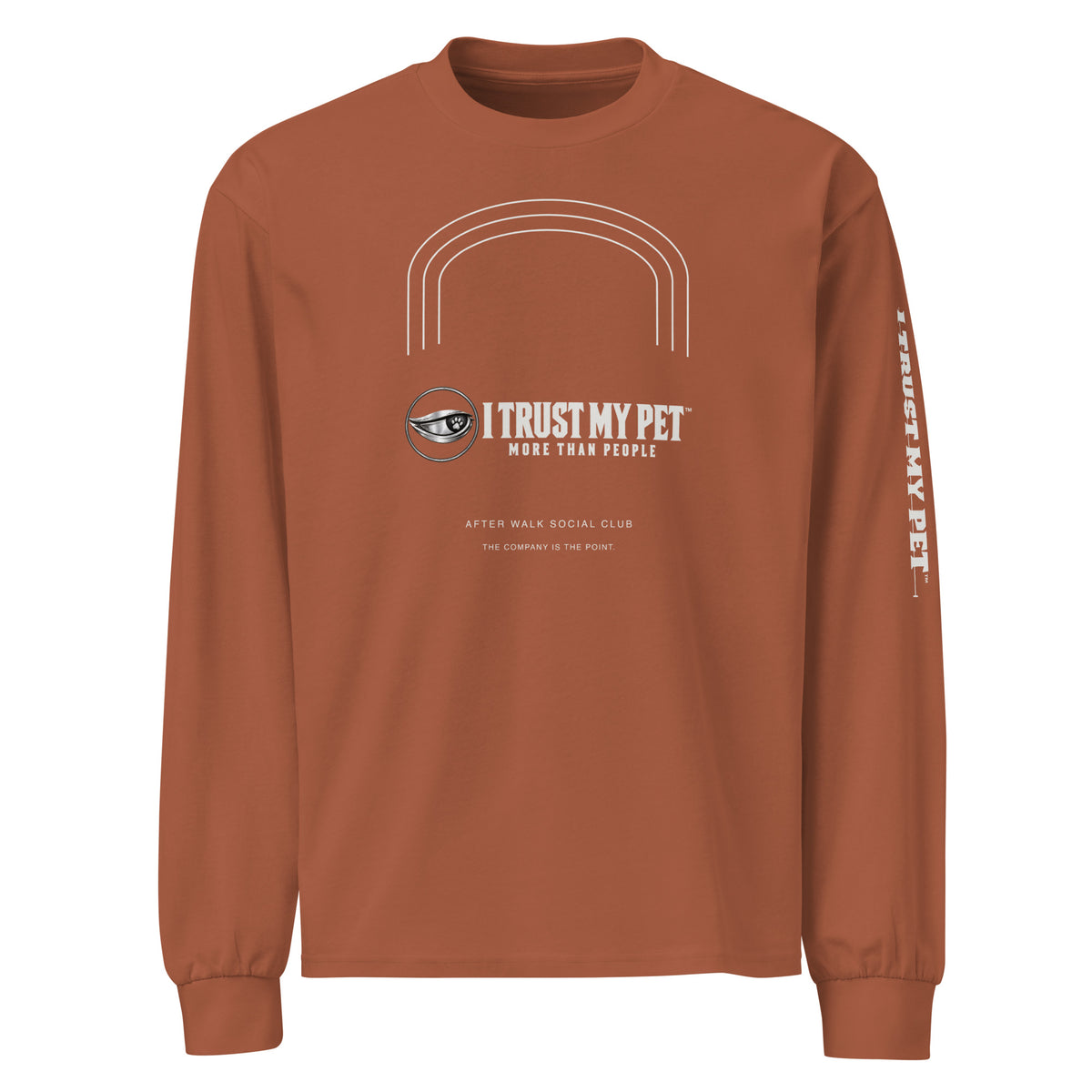 I Trust My Pet™ After Walk heavyweight cotton long sleeve in clay, front view with complete logo and architectural arches.