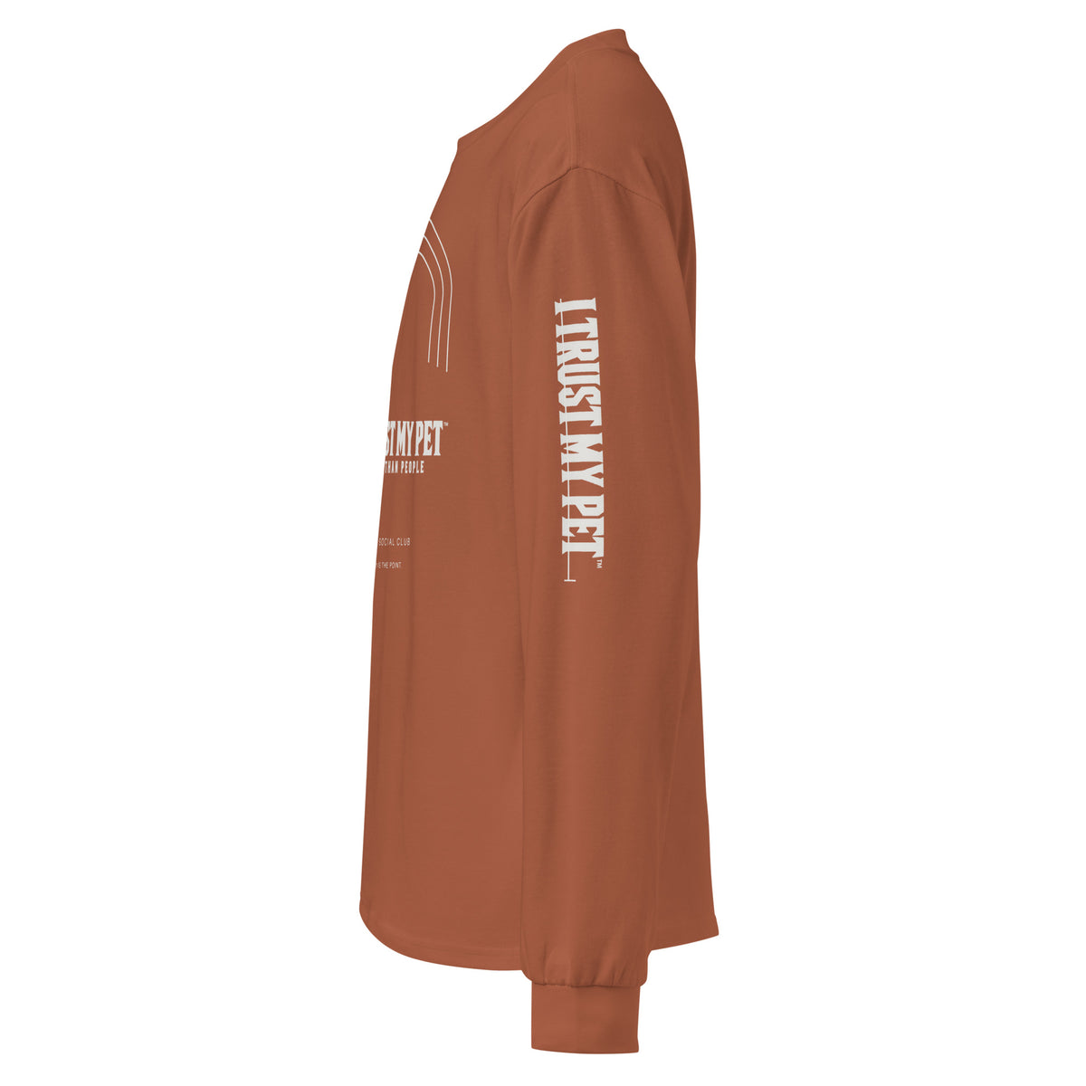 I Trust My Pet™ After Walk heavyweight cotton long sleeve in clay, left sleeve signature detail.