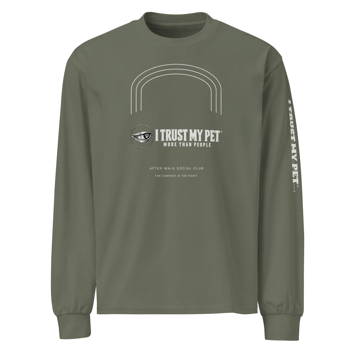 I Trust My Pet™ After Walk heavyweight cotton long sleeve in cypress, front view with complete logo and architectural arches.