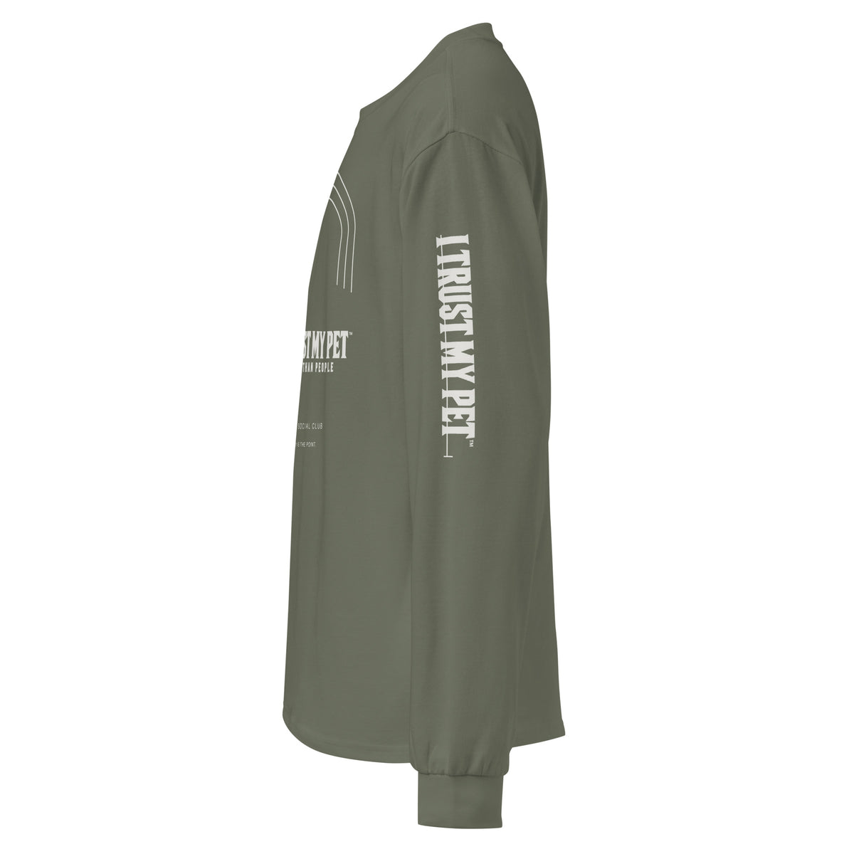 I Trust My Pet™ After Walk heavyweight cotton long sleeve in cypress, left sleeve signature detail.