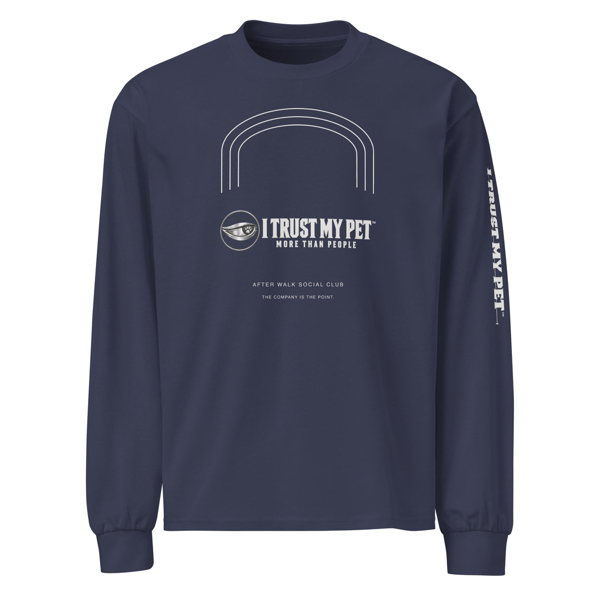 I Trust My Pet™ After Walk heavyweight cotton long sleeve in midnight blue, front view with complete logo and architectural arches.
