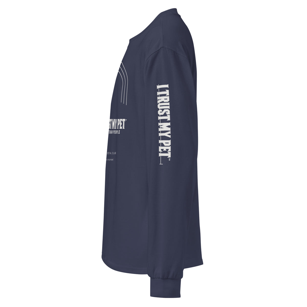 I Trust My Pet™ After Walk heavyweight cotton long sleeve in midnight blue, left sleeve signature detail.