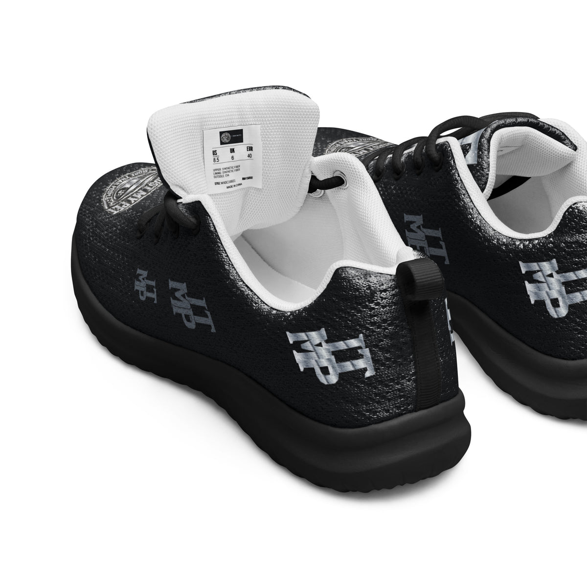 I Trust My Pet™ women's Silver Signature athletic shoes, rear three-quarter pair showing silver heel initials, charcoal side monograms, black heel loops, white inner lining and black soles