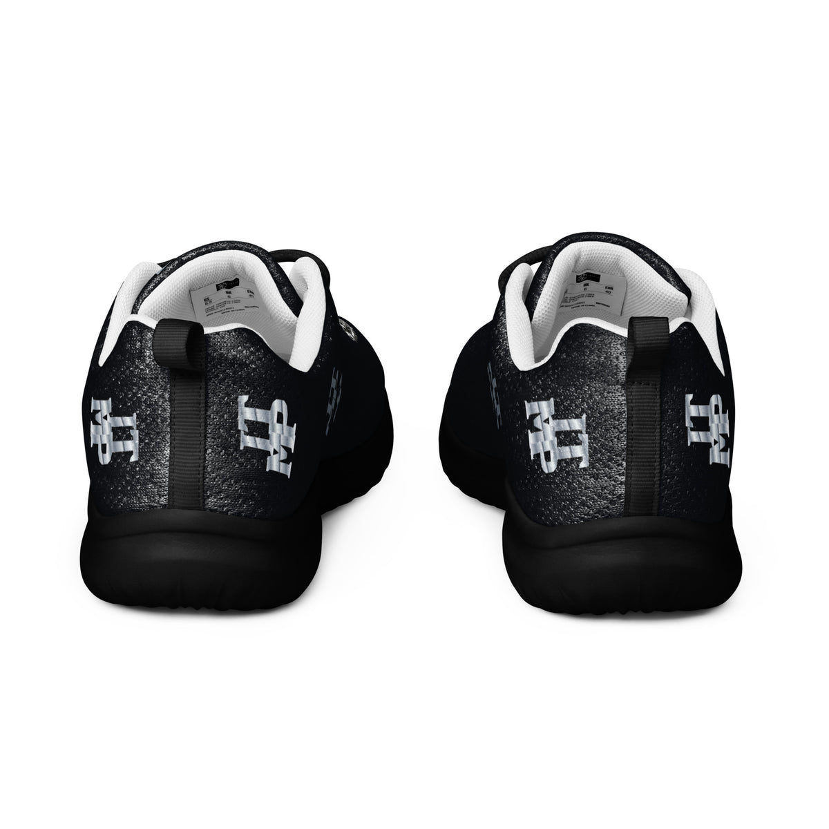 I Trust My Pet™ women's Silver Signature athletic shoes, rear pair showing silver heel initials, black pull loops and black soles