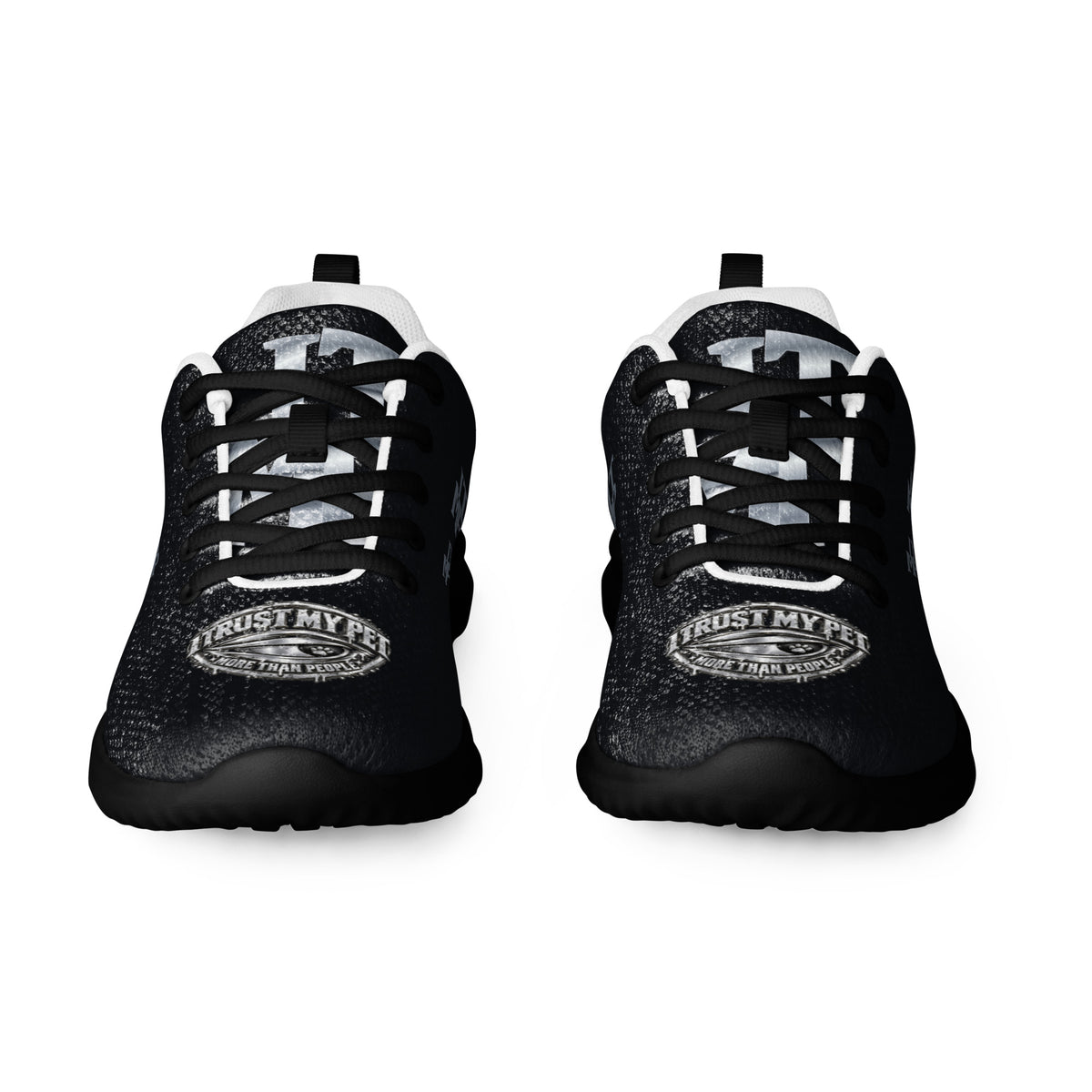 I Trust My Pet™ women's Silver Signature athletic shoes, front view with black printed flyknit uppers, original silver-look toe crests and ITMP monograms, and black soles and matching laces