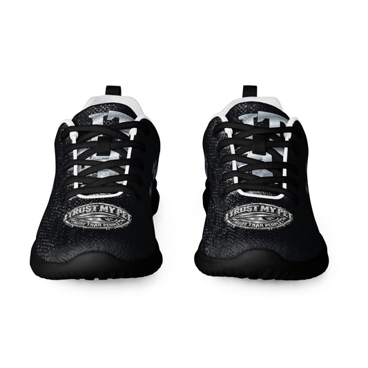 I Trust My Pet™ women's Silver Signature athletic shoes, front view with black printed flyknit uppers, original silver-look toe crests and ITMP monograms, and black soles and matching laces