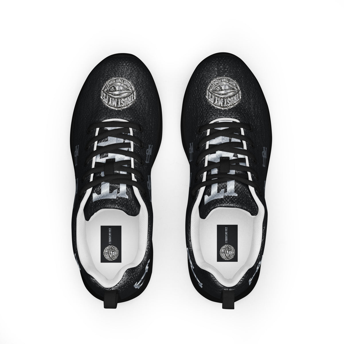 I Trust My Pet™ women's Silver Signature athletic shoes, overhead pair showing original silver-look toe crests, tongue initials and insole branding, with black printed uppers, black soles and matching laces