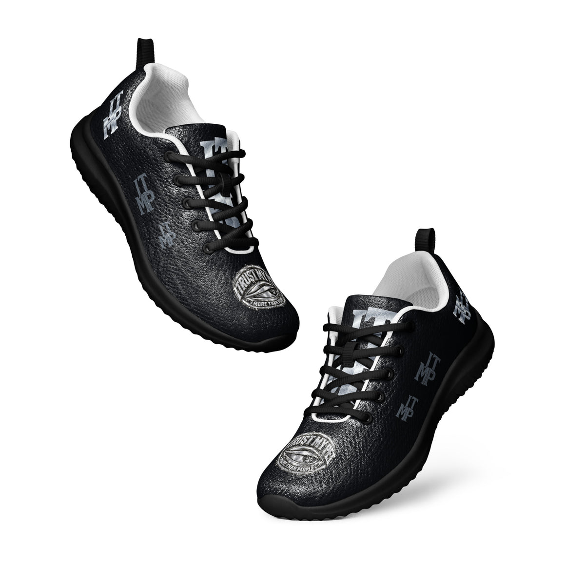 I Trust My Pet™ women's Silver Signature athletic shoes, angled pair showing silver-look toe crests and heel initials, charcoal side monograms, black printed uppers and black soles and laces