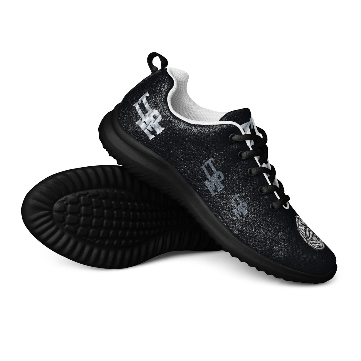 I Trust My Pet™ women's Silver Signature athletic shoes, side and outsole views showing silver heel initials, charcoal side monograms, black printed uppers and black tread