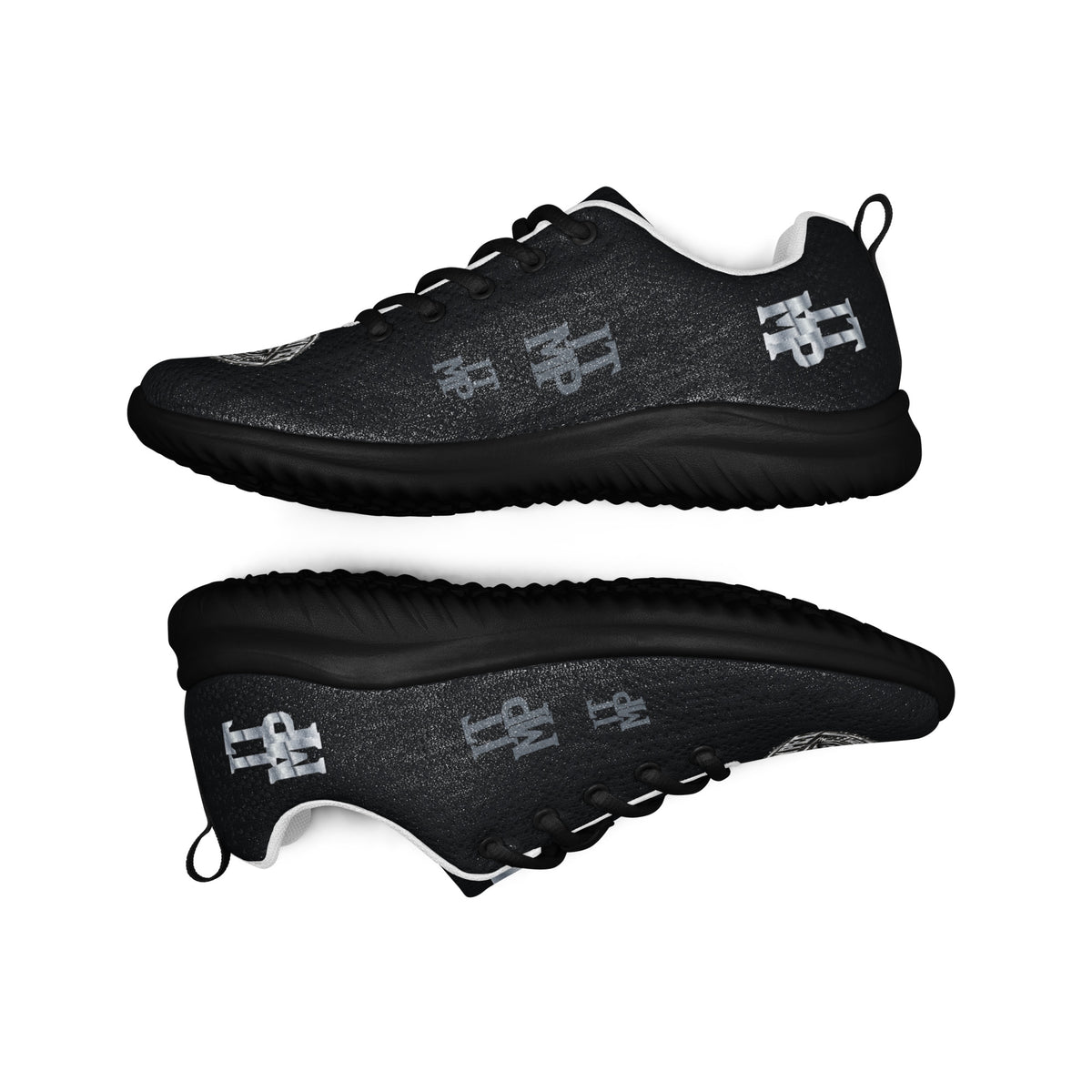 I Trust My Pet™ women's Silver Signature athletic shoes, stacked side-profile pair showing silver heel initials, charcoal side monograms and black soles