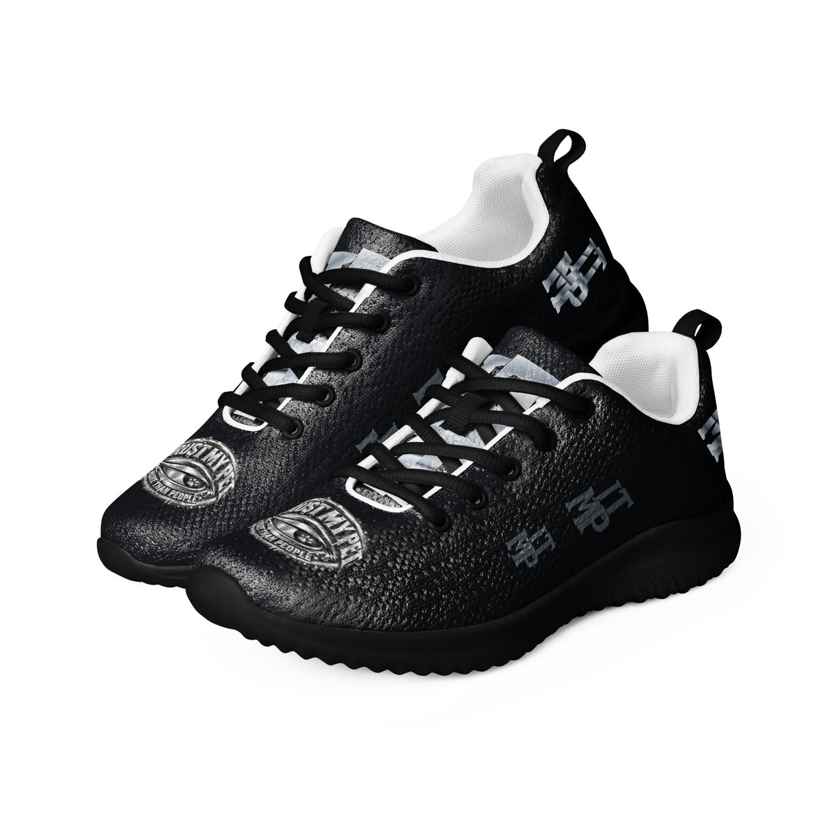 I Trust My Pet™ women's Silver Signature athletic shoes, front three-quarter pair showing silver-look toe crests, tongue initials, charcoal side monograms and black soles and laces