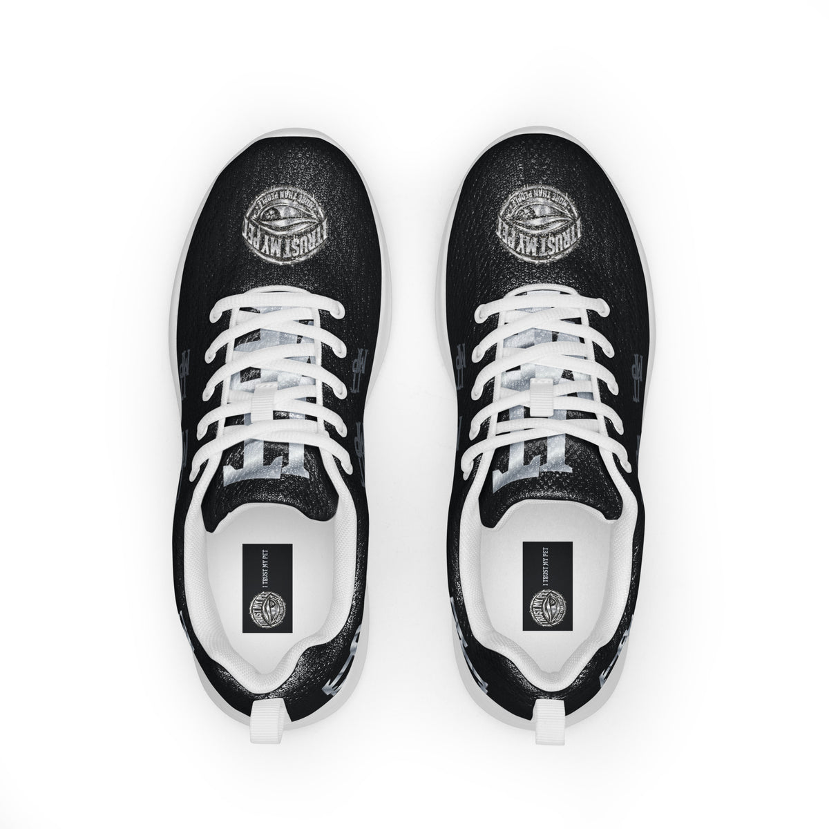 I Trust My Pet™ women's Silver Signature athletic shoes, overhead pair showing silver-look toe crests, tongue initials and insole branding, with black printed uppers and white soles and matching laces