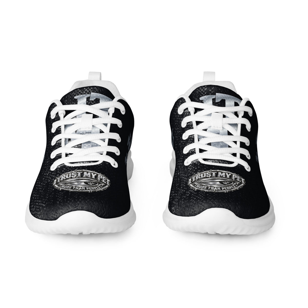 I Trust My Pet™ women's Silver Signature athletic shoes, front pair with black printed flyknit uppers, original silver-look toe crests and tongue initials, and white soles and matching laces
