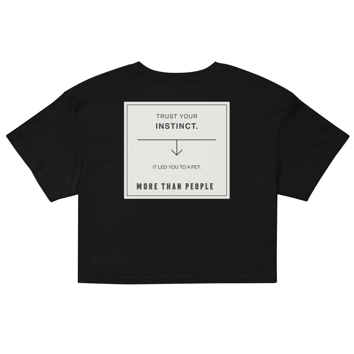 Black Good Instinct cotton crop tee, back with contrasting graphic and More than people lettering, garment-only view.